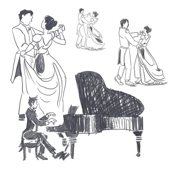 Piano Queue Classique Couples Valse — Image vectorielle