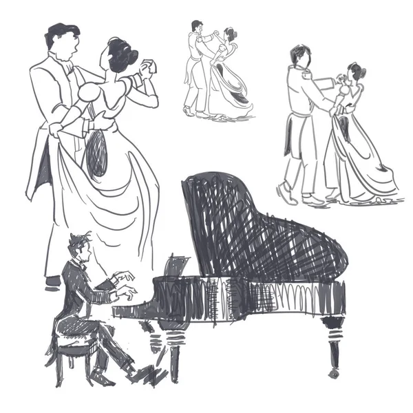 Clássico Piano Cauda Casais Waltzing — Vetor de Stock