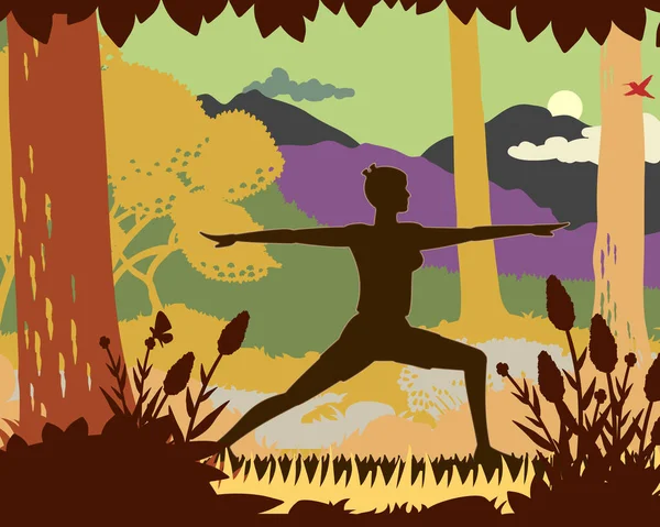 Pose Yoga Dans Forêt Montagne Calme — Image vectorielle