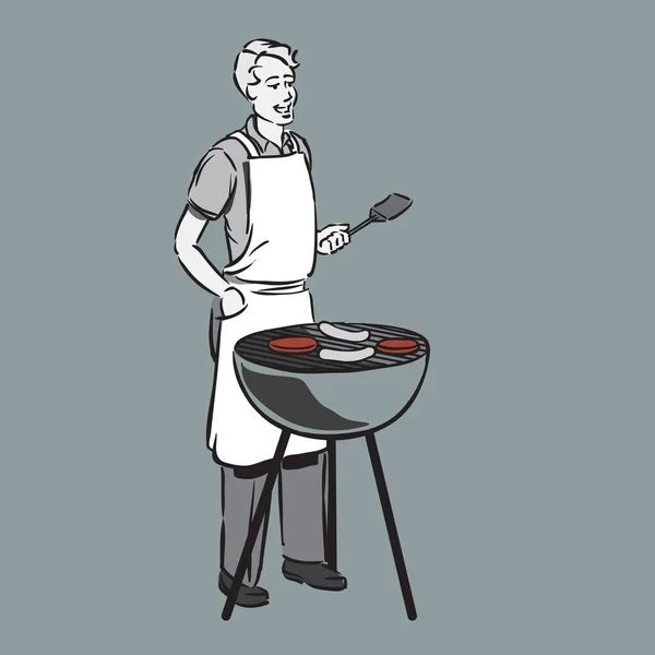 1950S 60S Man Barbecuing — Stock Vector