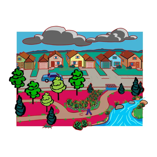 Neighbourhood Park Street Water Flow — Stockvector