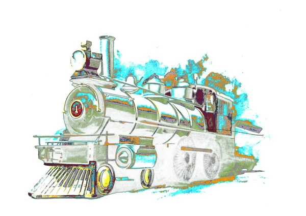 Vintage Steam Engine Locomotive Train Watercolor Big Light Front Numbered — Stock Photo, Image