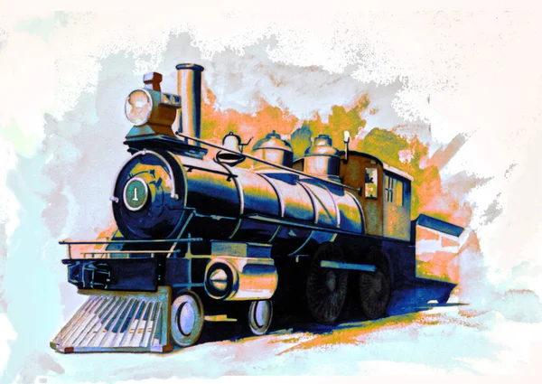 vintage steam engine locomotive train in watercolor with big light on the front & numbered 1