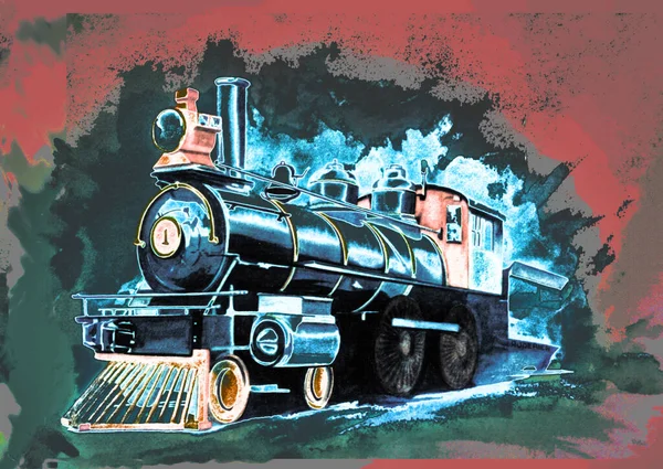 Trem Locomotivo Vintage Motor Vapor Aquarela Com Grande Luz Frente — Fotografia de Stock