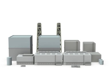 Nükleer santralin minyatür bir modeli. Beyaz arka plan. 3B görüntüleme. 