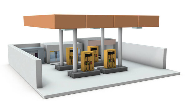 A miniature model of a gas station. White background. 3D rendering. 
