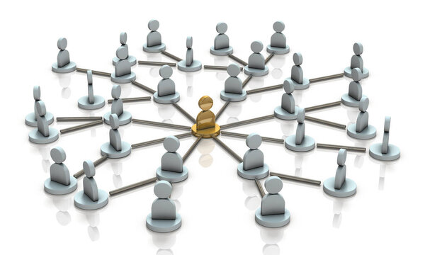 Абстракция, представляющая связи фракции и центральных фигур. Белый фон. 3D рендеринг. 