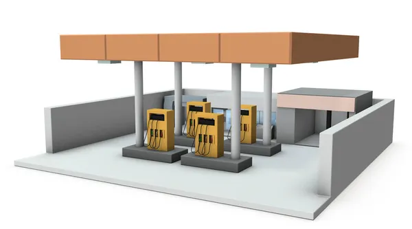 Benzin Istasyonunun Minyatür Bir Modeli Beyaz Arka Plan Binanın Dış — Stok fotoğraf