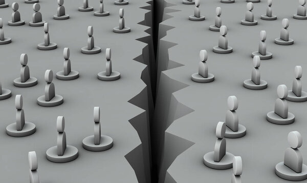 Разделение двух групп слева и справа, которые не могут взаимодействовать друг с другом из-за трещины в грунте..