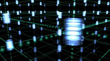 Dijital uzayda düzenlenmiş bir sürü parlak veri deposu var. Birkaç aşamada parlayan depolar adrese göre dizildi. Karanlık ve geniş dijital alan Metaverse 'i temsil ediyor. 3B görüntüleme.