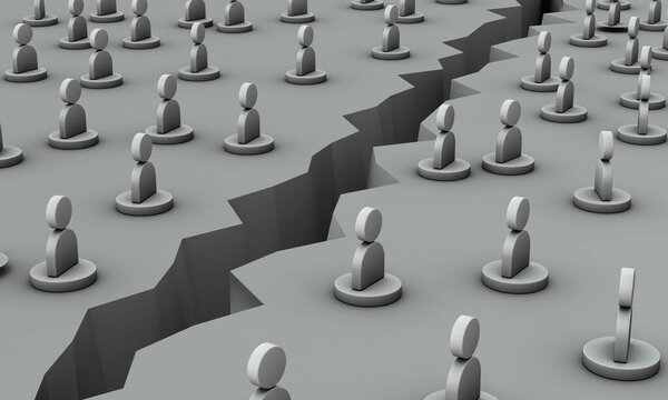 Люди, которые были разделены на две части глубоким треском. Люди изображены с абстрактными символами. 3D рендеринг. 