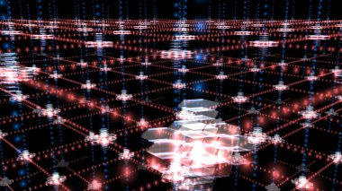 Engelleme zinciri ve kripto varlıklar engin Metaverse 'de hizalandılar. Siyah arka plan. Blok zinciri ile birbirine bağlı kripto para birimi çok uzaklara yayılıyor. Bu bir 3 boyutlu canlandırma konsepti..