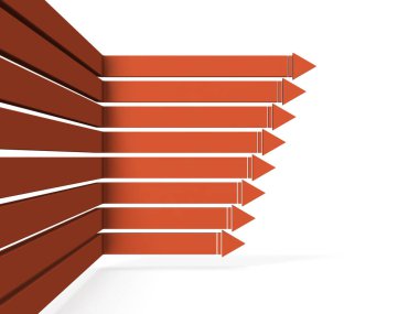Sekiz taraftan toplanan ve işbirliğinde hızla yükselen birden fazla ok. Dünya işbirliğini temsil eden bir kavram. Beyaz arka plan. 3 boyutlu görüntüleme. Takım çalışması ve yeteneklerin birleşimi. 