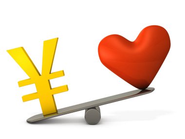 Kalp sembolü ve yen işaretinin önemi karşılaştırıldığında. Parayı sevgi ve samimiyete tercih eden hesaplayıcı ve gerçekçi bir kavram. Beyaz arka plan. 3B görüntüleme. 