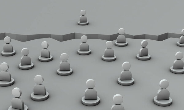 Geographical division due to deep cracks divided into front and back. A lonely individual who has separated from his family and community due to division. 3D rendering. 