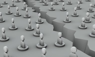 Etkileşimi engelleyen iki grubun bölünmesi. İki grup arasında büyük bir çatlak var. Telafisi mümkün olmayan karşılıklı güvensizliği temsil eden bir kavram. 3B görüntüleme. 