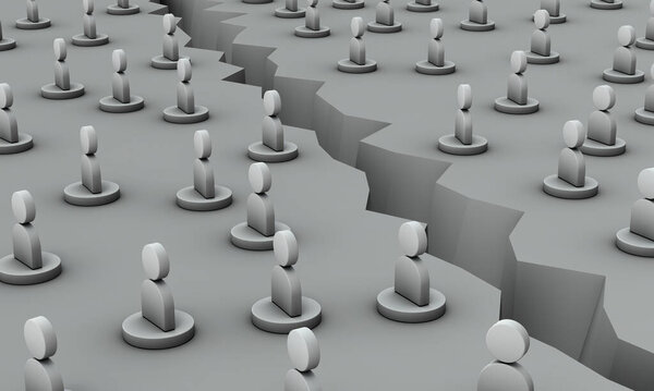 The division of the two groups that prevented interaction. A large crack between the two groups. A concept that represents irreparable mutual distrust. 3D rendering. 