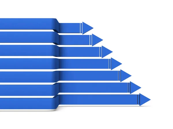 表示项目进展的概念 七支蓝色箭头 在曲折之后继续向右移动 白色背景 3D渲染 — 图库照片