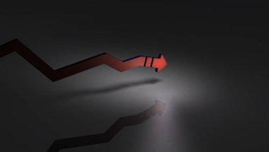 Ekonominin ve geleceğin geleceğiyle ilgili kaygıları ifade eden bir kavram. Yavaş yavaş azalan bir çizgi grafiği. Kırmızı ok soldan ekran merkezine doğru iniyor. 3 boyutlu görüntüleme. Koyu arkaplan. 