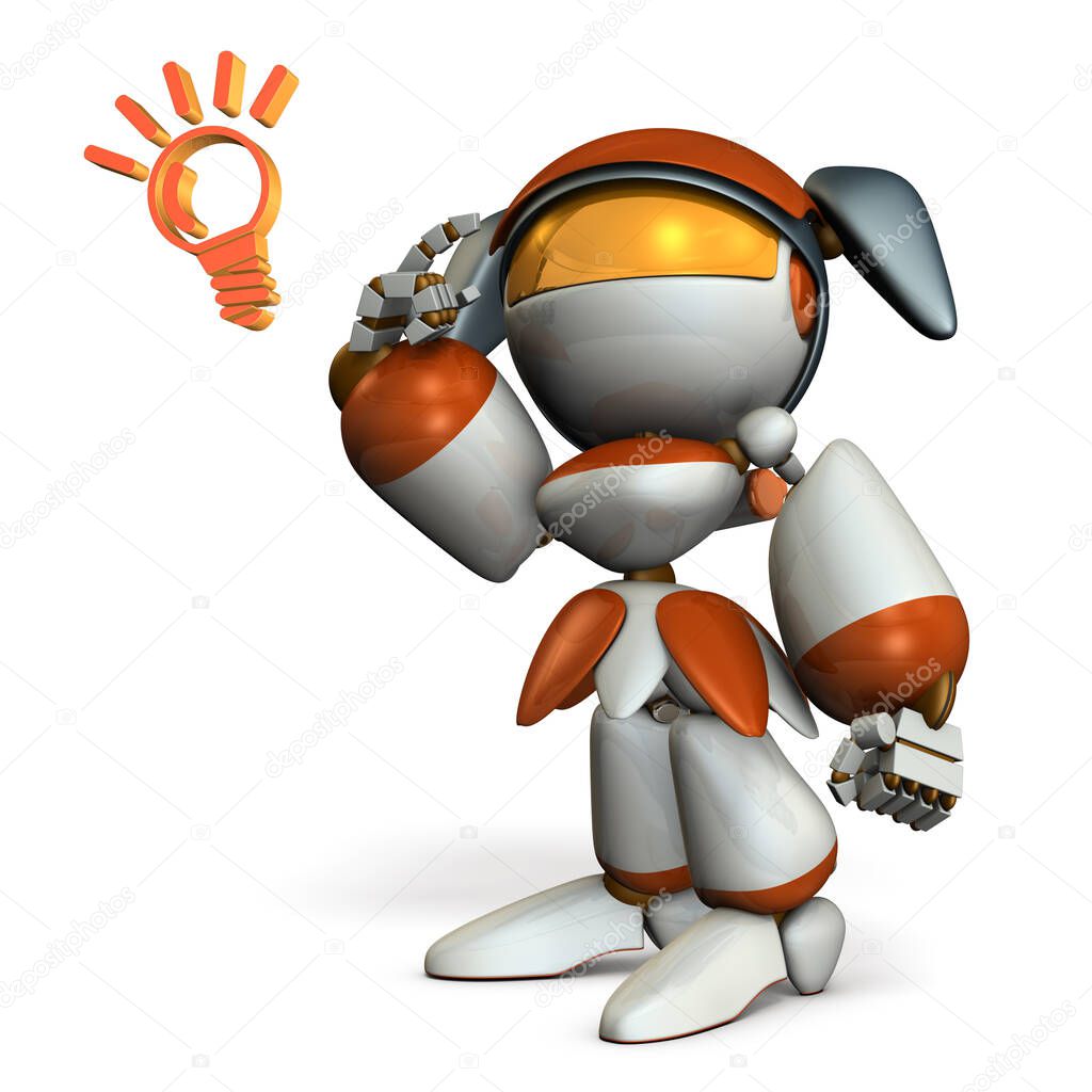 A cute red robot pointing at its own head. It boasts high performance artificial intelligence with its large storage and fast processing power. A humanoid robot with a large head and curved surface. 3D rendering. White background. 
