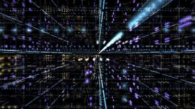 Yavaş yavaş yükselme perspektifinden geniş bir dijital alan. Bir sürü ışık parçacığı. Her ışığın bir veri yığını olduğu bir metaevren. 3B görüntüleme. 