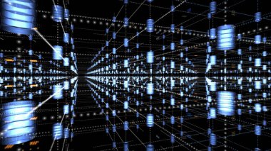 Dijital uzayda düzenlenmiş bir sürü parlak veri deposu var. Meta dizelerinde değerli büyük veriler var. Kripto Para Madenciliği. Işık ve ızgara iletişim bağlantılarıdır. 3B görüntüleme. 