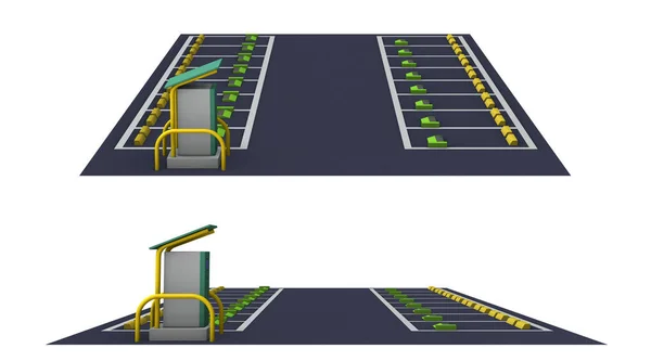 Panorámás Kilátás Nyílik Egy Kis Szabadtéri Parkolóra Pénztárgép Parkolóban Autóbaleset — Stock Fotó