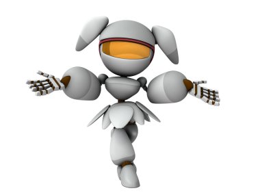 Omuz silken dişi bir robot. Palyaçoyu oynuyor. Ellerini aç ve teslim ol. Utanç ve şüphe. Yapay zekaya sahip beyaz bir robot. 3 boyutlu görüntüleme. İzole edilmiş beyaz arkaplan. 