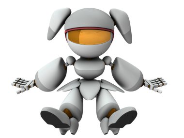 Dişi bir robot yerde oturuyor ve dinleniyor. Teneffüslerde iyileşme. Dinlen ve şarj ol. Yapay zekaya sahip sevimli beyaz bir robot. 3 boyutlu görüntüleme. İzole edilmiş beyaz arkaplan. 