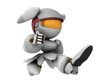 Büyük adımlarla koşan dişi bir robot. Enerjik ve güçlü canlılık. Yapay zekaya sahip sevimli beyaz bir robot. 3 boyutlu görüntüleme. İzole edilmiş beyaz arkaplan. 