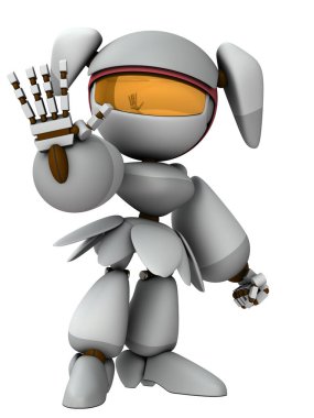 Sağ elini öne çıkaran dişi bir robot. Kararlı reddedilme. Reddetme ve reddetme. Eğri yüzeylerden oluşan yapay zekaya sahip beyaz bir robot. 3 boyutlu görüntüleme. İzole edilmiş beyaz arkaplan