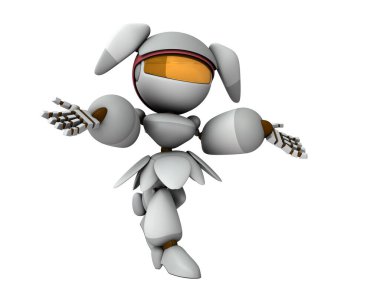Omuz silken dişi bir robot. Bir soytarıyı oynuyor. Ellerini aç ve teslim ol. Utanç ve şüphe. Yapay zeka robotu. İzole edilmiş beyaz arka plan. 3B görüntüleme. 