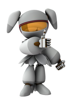 Başarıyı kutlamak için başparmağınızı kaldırın. Övgü ve destek. Neşe ve destek. Sevimli beyaz bir dişi robot. 3 boyutlu görüntüleme. İzole edilmiş beyaz arkaplan. 