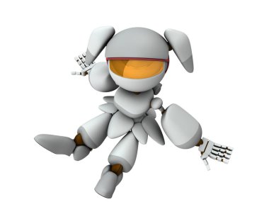 Dişi bir robot yerde oturuyor ve dinleniyor. Teneffüslerde iyileşme. Yapay zekaya sahip beyaz bir robot. İzole edilmiş beyaz arka plan. 3 boyutlu görüntüleme. Yüksek açı. 