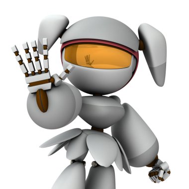 Sağ elini öne çıkaran dişi bir robot. Kararlı reddedilme. Reddetme ve reddetme. İzole edilmiş beyaz arka plan. 3 boyutlu görüntüleme. Üst gövde. 