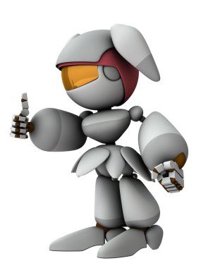 Başarıyı kutlamak için başparmağınızı kaldırın. Övgü ve destek. Neşe ve destek. Sevimli beyaz bir dişi robot. 3 boyutlu görüntüleme. İzole edilmiş beyaz arkaplan. 