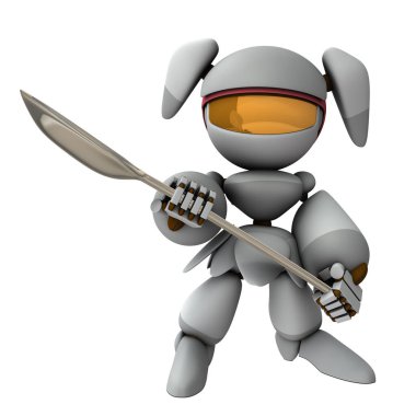 Büyük kaşıklı beyaz bir robot. İştah ve yemekle ilgilenme. Beslenme metaforu. İzole edilmiş beyaz arka plan. 3B görüntüleme.