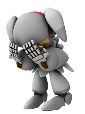 Başarısızlık ve pişmanlık. Yüzünü kapatıp aşağıya bakan dişi bir robot. Kavisli yüzeylerden oluşan sevimli beyaz bir robot. İzole edilmiş beyaz arka plan. 3B görüntüleme.