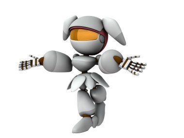 Omuz silken dişi bir robot. Palyaçoyu oynuyor. Ellerini aç ve teslim ol. Utanç ve şüphe. Yapay zekaya sahip beyaz bir robot. 3 boyutlu görüntüleme. İzole edilmiş beyaz arkaplan. 