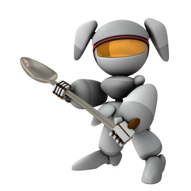 Ev işleri ve yemek pişirme. Elinde büyük bir tencere tutan dişi bir robot. Kavisli yüzeylerden oluşan sevimli beyaz bir robot. İzole edilmiş beyaz arka plan. 3B görüntüleme.