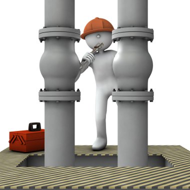 Büyük bir delikten dikey olarak uzanan iki boru. Kask takan bir tamirci. Onarım ve iyileşme. İzole edilmiş beyaz arka plan. 3B görüntüleme.