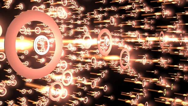 Siber uzayda elektronik savaş. Parıldayan ışıklar ve saldırılar. Hedefe saldıran sayısız parlayan savaş başlığı. Meta dizelerindeki ışık yörüngesi. 3B görüntüleme.