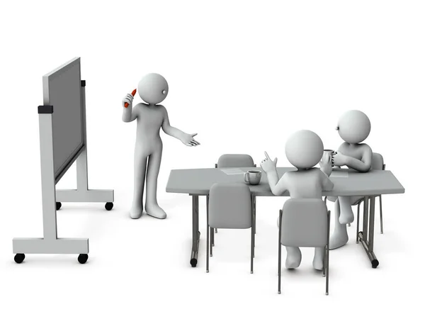 A business person presenting a strategy in front of a white board. The three business people are having a marketing meeting. Constructive and active discussion. White background. 3D rendering.