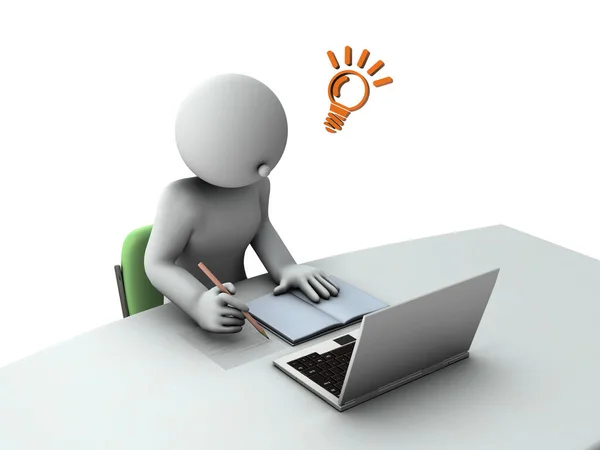 Uzaktan derslerde sorunları çözen öğrenciler. Laptop masanın üstünde. Ders kitapları ve defterler. Ekrana bak ve anla. 3 boyutlu görüntüleme. Beyaz arkaplan.