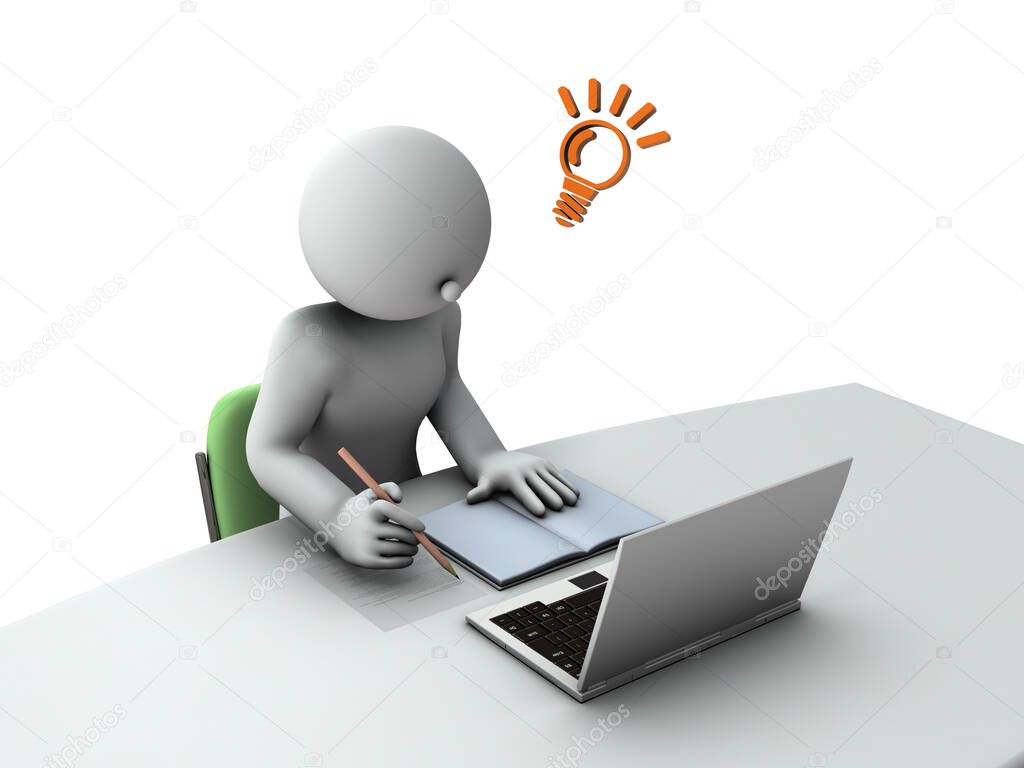 Students solving problems in remote lessons. Laptop on the desk. Textbooks and notebooks. Look at the screen and understand. 3d rendering. White background.