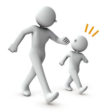 A good father and son walk side by side. While walking, they look at each other and have a conversation. 3D rendering. White background.