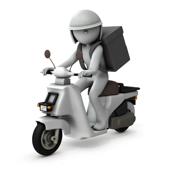 A person who rides a scooter and delivers food quickly. Food delivery service. 3D rendering. White background.