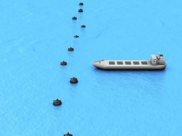 수로를 운송의 기뢰들은 선박들 통과하지 못하도록 늘어서 렌더링 — 스톡 사진