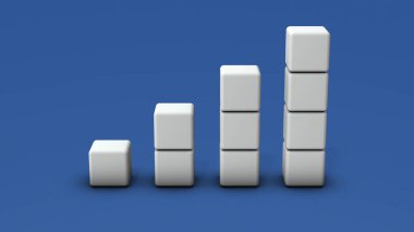 Yığılmış beyaz bloklar. Grafik sağa doğru yükseliyor. Büyüme ve iyi performans kavramı. 3B görüntüleme.