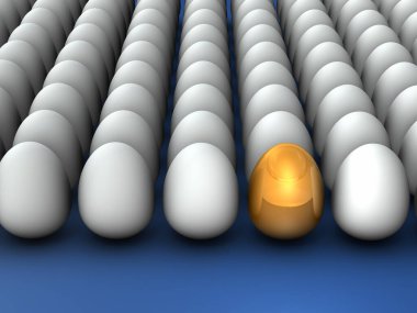 Bir sürü sıralanmış yumurtası olan bir altın yumurta. Gelecekteki potansiyeli ve geleceği temsil eden soyut bir kavram. Olasılıklar ve beklentiler. 3B görüntüleme.